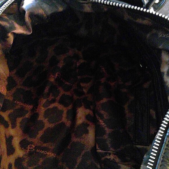 NEW B. Makowsky Black Leather Christie Satchel Medium Handbag Cheetah NWT $ 288 - Picture 8 of 11